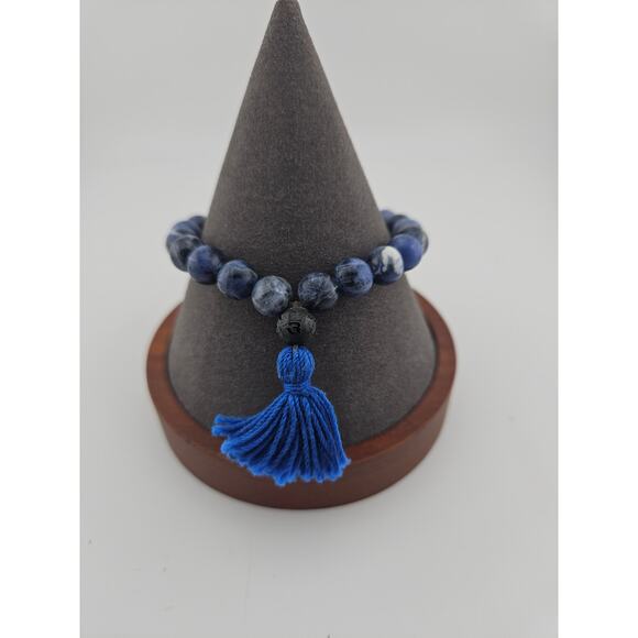 Marbled Bead Tassel Stretch Bracelet Navy Blue Natural Earthy Boho Stackable - Picture 1 of 3